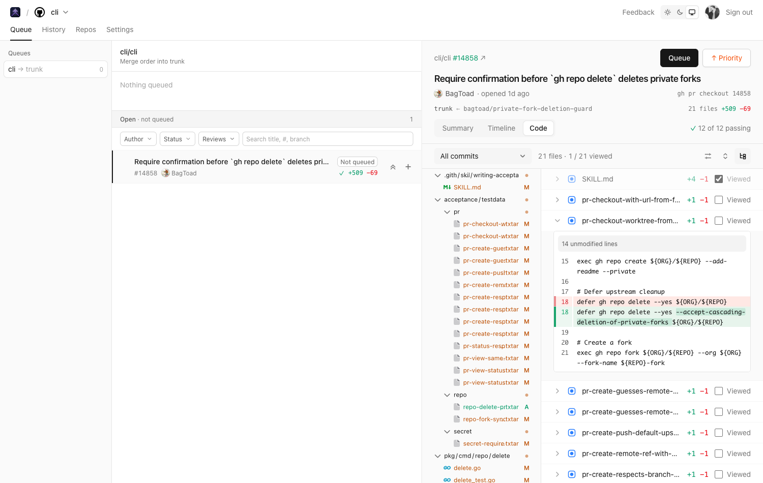 The Code tab, with a file tree and Viewed checkboxes