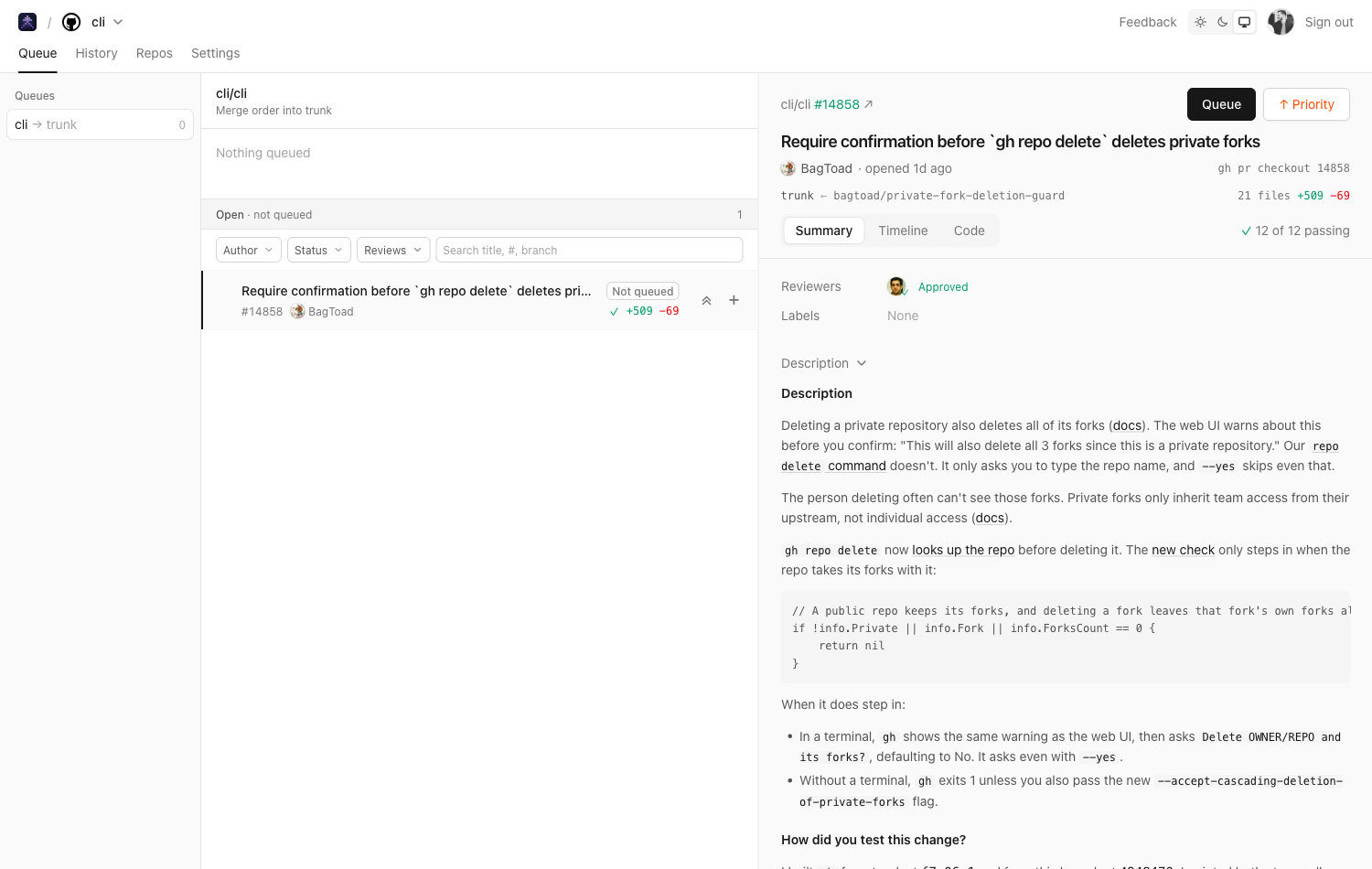 Read a PR's summary, timeline and code before you queue it
